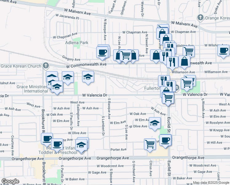 map of restaurants, bars, coffee shops, grocery stores, and more near 1343 West Valencia Drive in Fullerton