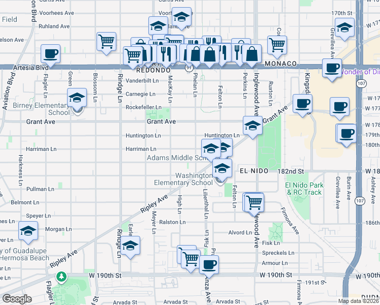 map of restaurants, bars, coffee shops, grocery stores, and more near 2422 Harriman Lane in Redondo Beach