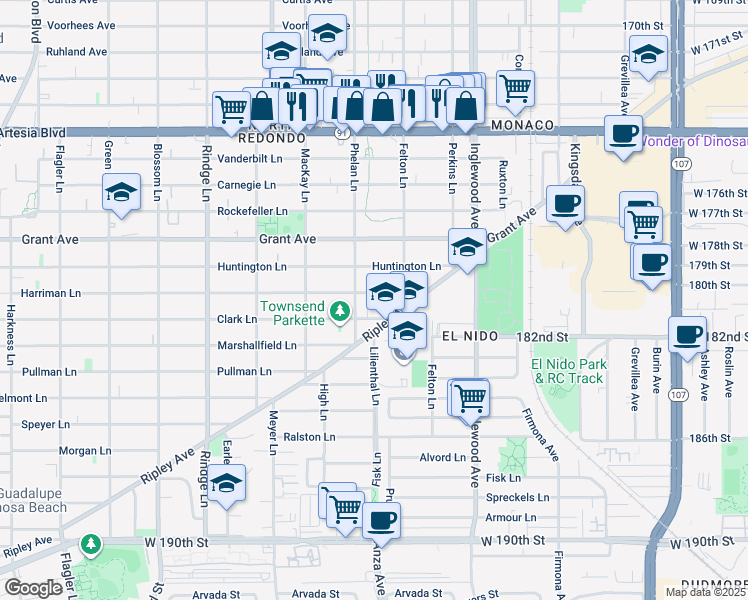 map of restaurants, bars, coffee shops, grocery stores, and more near 2508 Harriman Lane in Redondo Beach
