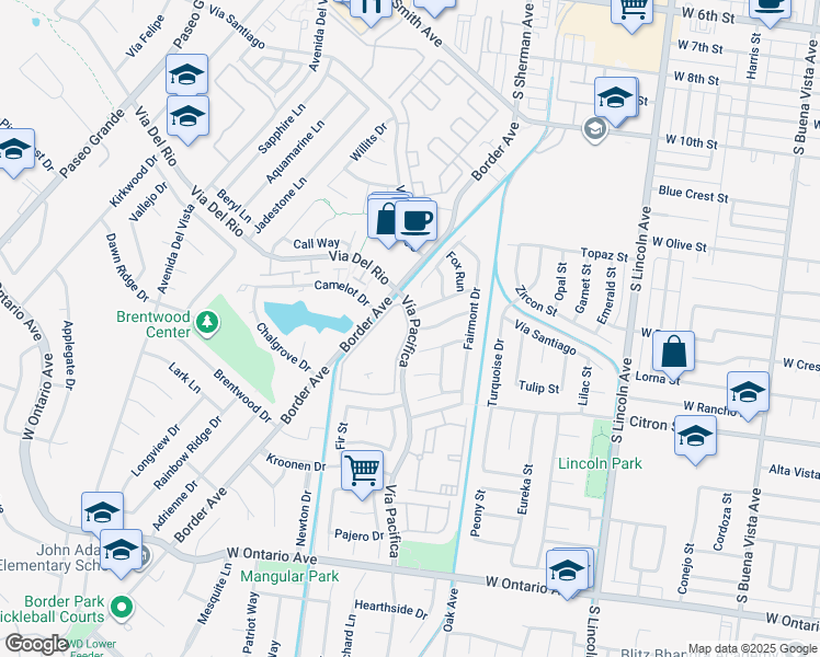 map of restaurants, bars, coffee shops, grocery stores, and more near 1650 Vía Pacifica in Corona