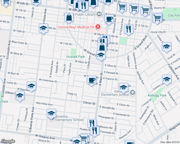 map of restaurants, bars, coffee shops, grocery stores, and more near 224 West Kendall Street in Corona