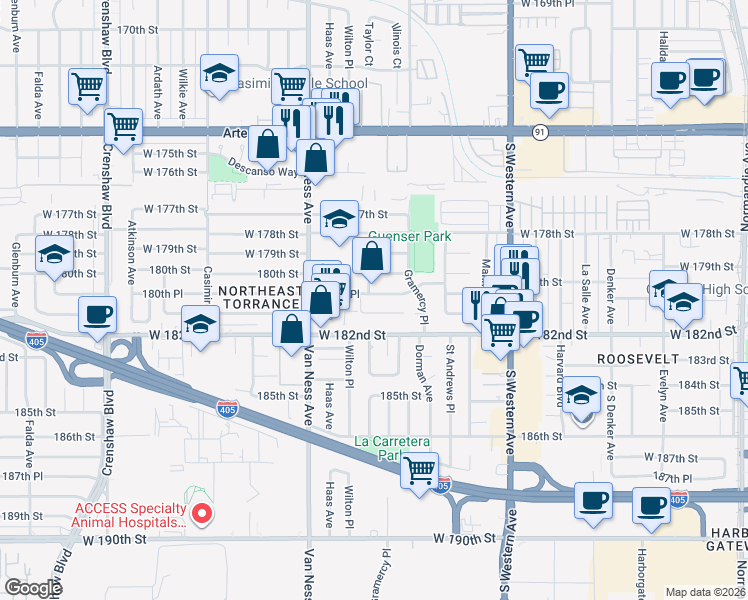map of restaurants, bars, coffee shops, grocery stores, and more near 2034 180th Place in Torrance
