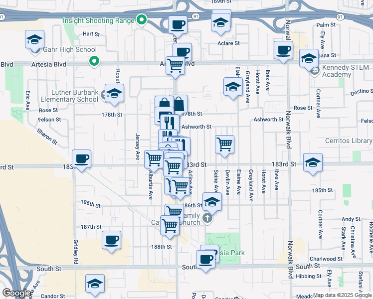 map of restaurants, bars, coffee shops, grocery stores, and more near 18029 Arline Avenue in Artesia
