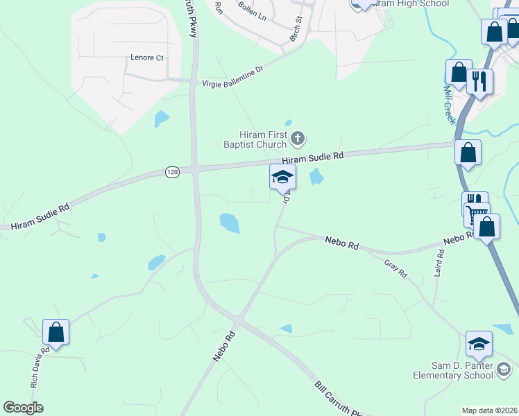 map of restaurants, bars, coffee shops, grocery stores, and more near 212 Willow Bend Drive in Hiram