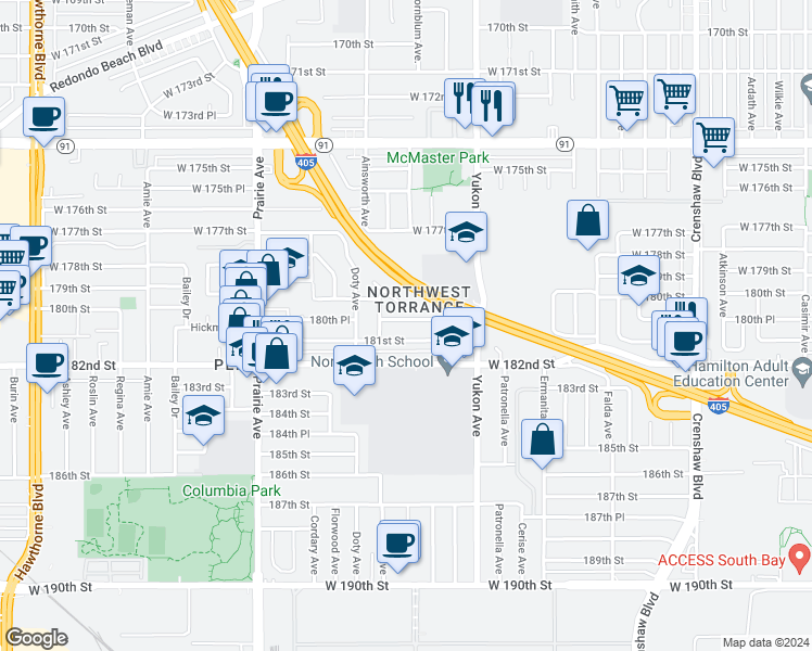 map of restaurants, bars, coffee shops, grocery stores, and more near 3714 180th Place in Torrance