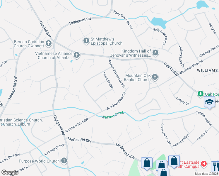 map of restaurants, bars, coffee shops, grocery stores, and more near 2897 Pebble Lane Southwest in Snellville