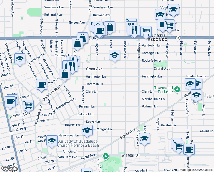 map of restaurants, bars, coffee shops, grocery stores, and more near 1916 Harriman Lane in Redondo Beach