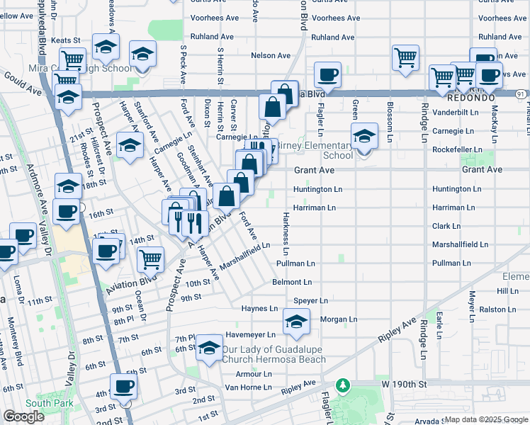map of restaurants, bars, coffee shops, grocery stores, and more near 1716 Harriman Lane in Redondo Beach