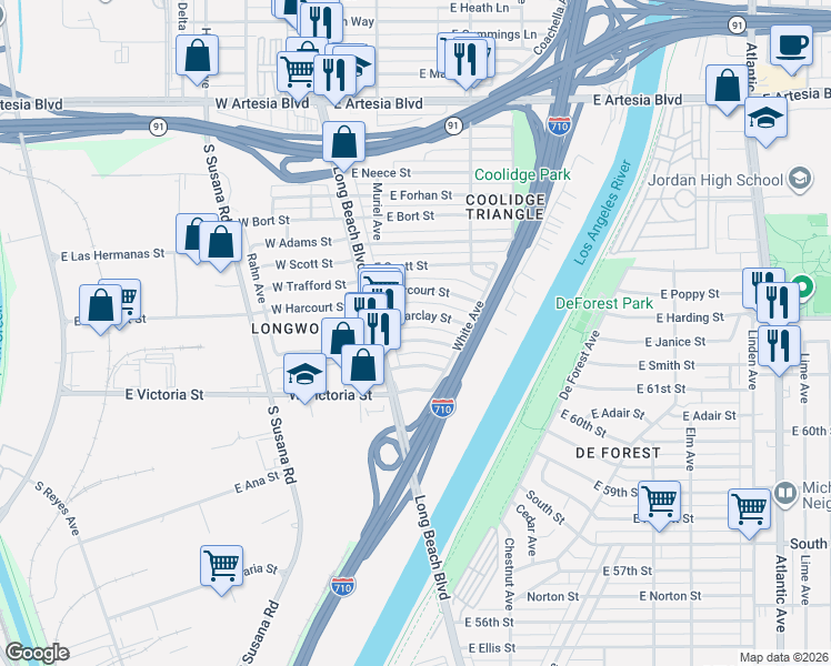 map of restaurants, bars, coffee shops, grocery stores, and more near 161 East Allington Street in Long Beach