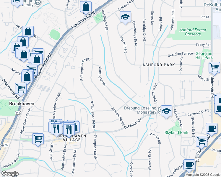 map of restaurants, bars, coffee shops, grocery stores, and more near 2711 Winding Lane Northeast in Atlanta