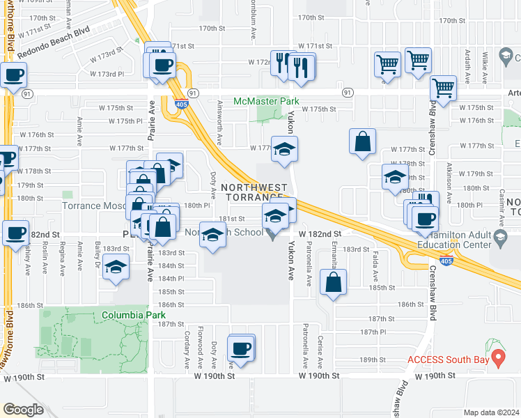 map of restaurants, bars, coffee shops, grocery stores, and more near 3642 180th Place in Torrance