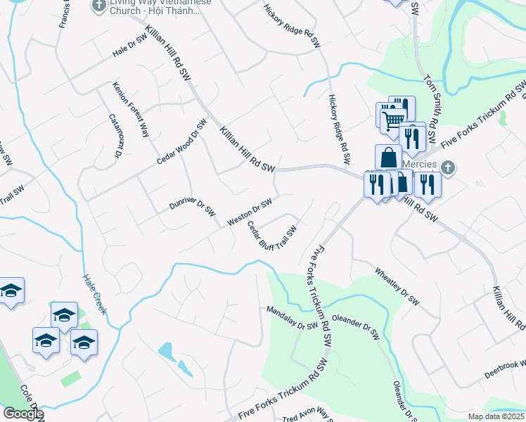 map of restaurants, bars, coffee shops, grocery stores, and more near 4290 Weston Drive Southwest in Lilburn