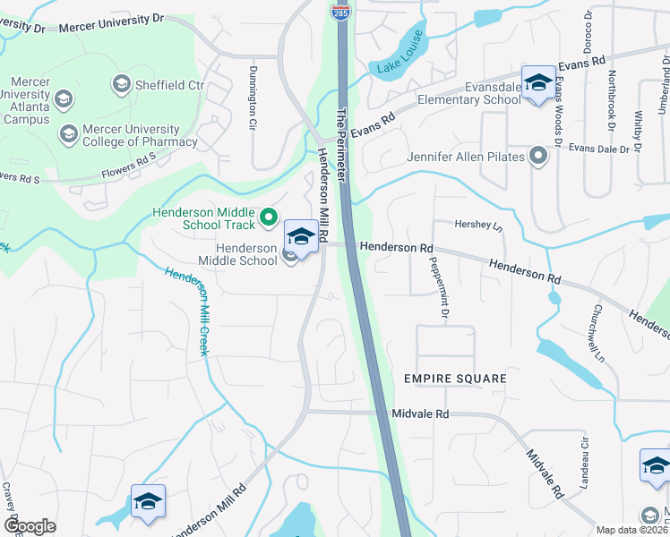 map of restaurants, bars, coffee shops, grocery stores, and more near 2815 Henderson Mill Road in Chamblee