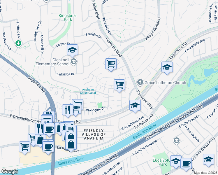 map of restaurants, bars, coffee shops, grocery stores, and more near 6473 Horse Shoe Lane in Yorba Linda