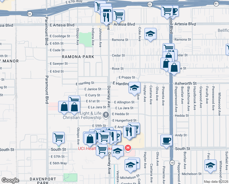 map of restaurants, bars, coffee shops, grocery stores, and more near 3520 East Janice Street in Long Beach