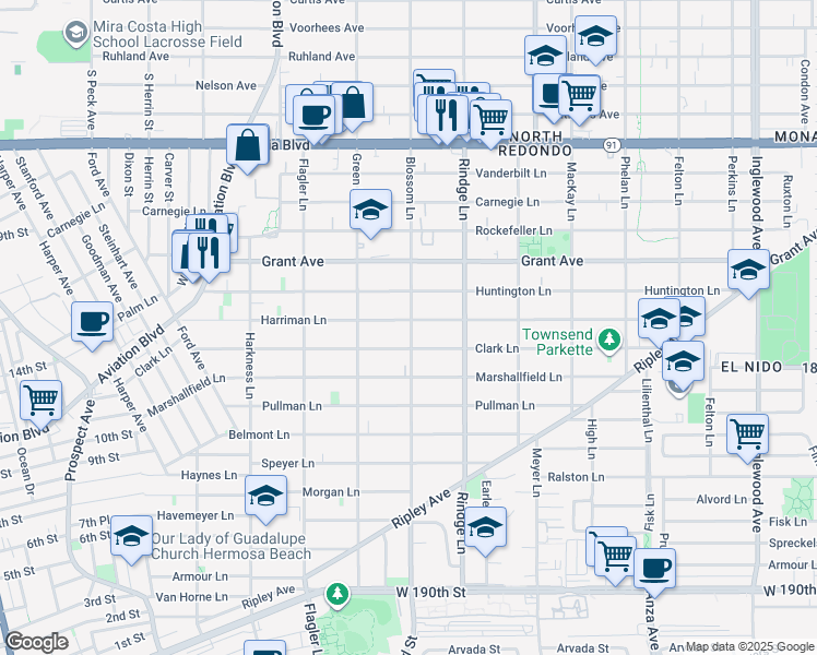 map of restaurants, bars, coffee shops, grocery stores, and more near 2022 Harriman Lane in Redondo Beach