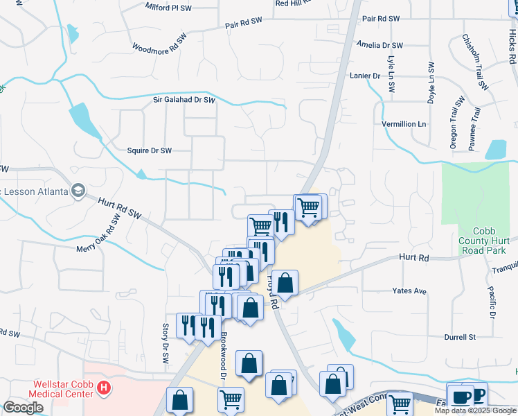 map of restaurants, bars, coffee shops, grocery stores, and more near 1558 Park Brooke Circle Southwest in Marietta