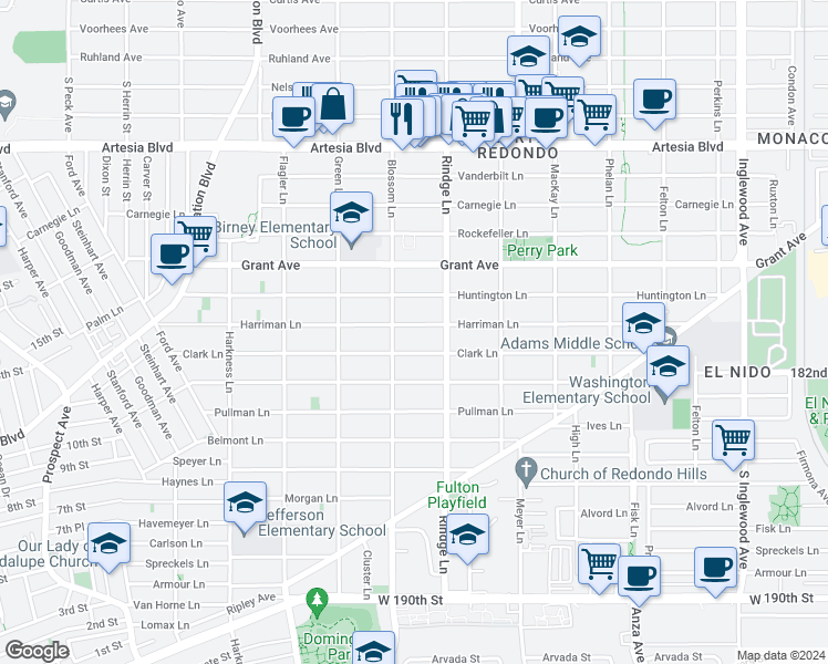 map of restaurants, bars, coffee shops, grocery stores, and more near 2108 Harriman Lane in Redondo Beach
