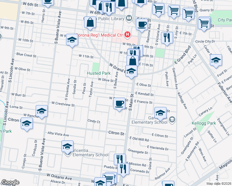 map of restaurants, bars, coffee shops, grocery stores, and more near 224 West Kendall Street in Corona