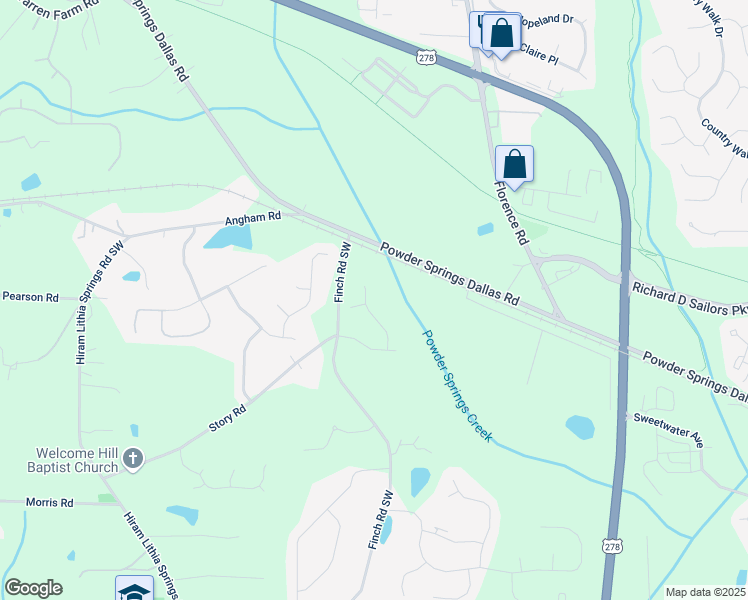 map of restaurants, bars, coffee shops, grocery stores, and more near 3617 Liberty Lane Southwest in Hiram