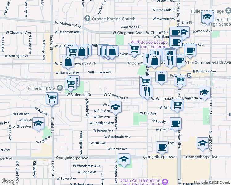 map of restaurants, bars, coffee shops, grocery stores, and more near 421 South Richman Avenue in Fullerton