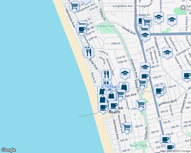 map of restaurants, bars, coffee shops, grocery stores, and more near 36 19th Street in Hermosa Beach