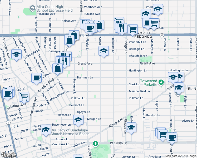 map of restaurants, bars, coffee shops, grocery stores, and more near 1920 Harriman Lane in Redondo Beach