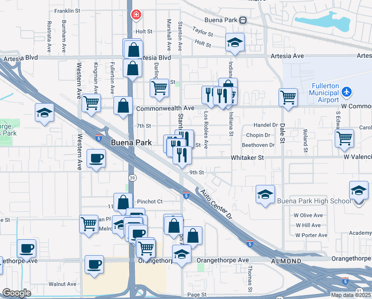 map of restaurants, bars, coffee shops, grocery stores, and more near 6442 Stanton Avenue in Buena Park