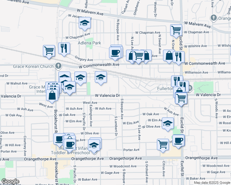 map of restaurants, bars, coffee shops, grocery stores, and more near 1401 West Valencia Drive in Fullerton