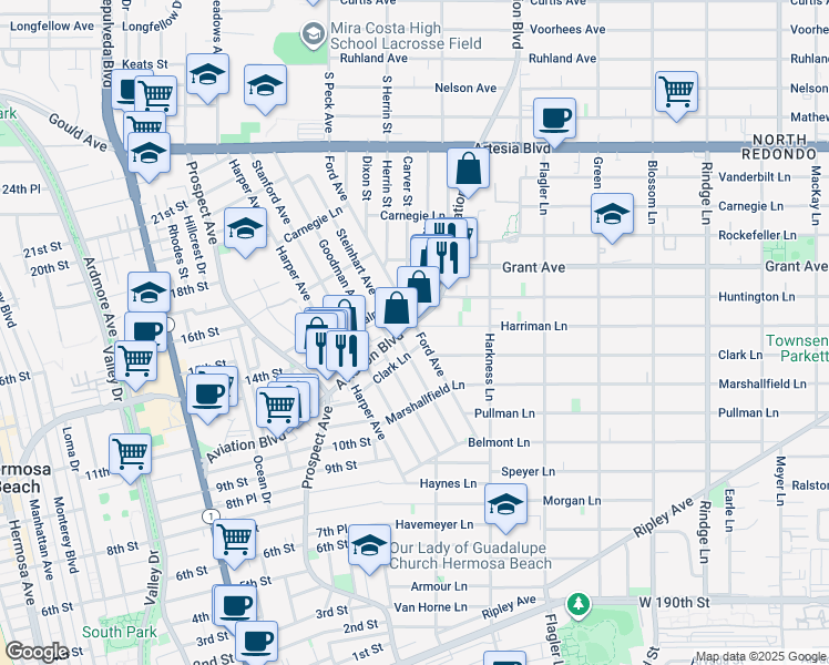 map of restaurants, bars, coffee shops, grocery stores, and more near 1415 Aviation Boulevard in Redondo Beach