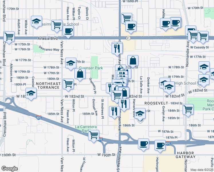 map of restaurants, bars, coffee shops, grocery stores, and more near 1866 180th Place in Torrance