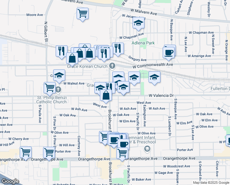 map of restaurants, bars, coffee shops, grocery stores, and more near 1741 West Valencia Drive in Fullerton