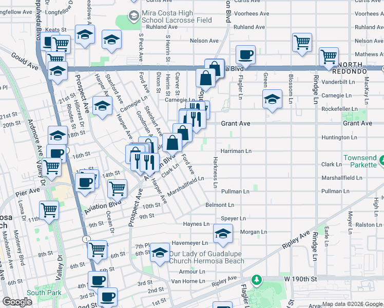 map of restaurants, bars, coffee shops, grocery stores, and more near 1708 Harriman Lane in Redondo Beach