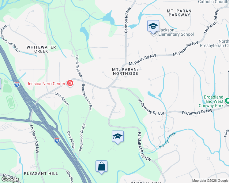map of restaurants, bars, coffee shops, grocery stores, and more near 4099 Randall Mill Road Northwest in Atlanta