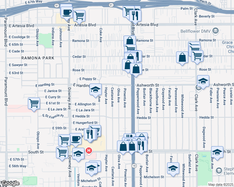 map of restaurants, bars, coffee shops, grocery stores, and more near 6133 Oliva Avenue in Lakewood