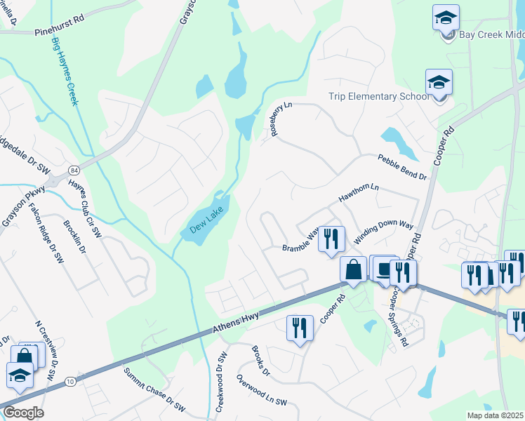 map of restaurants, bars, coffee shops, grocery stores, and more near 2652 Meadow Trace Drive in Grayson