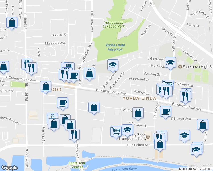 map of restaurants, bars, coffee shops, grocery stores, and more near 1712 North Glenview Avenue in Anaheim