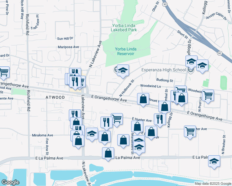 map of restaurants, bars, coffee shops, grocery stores, and more near 1712 North Glenview Avenue in Anaheim