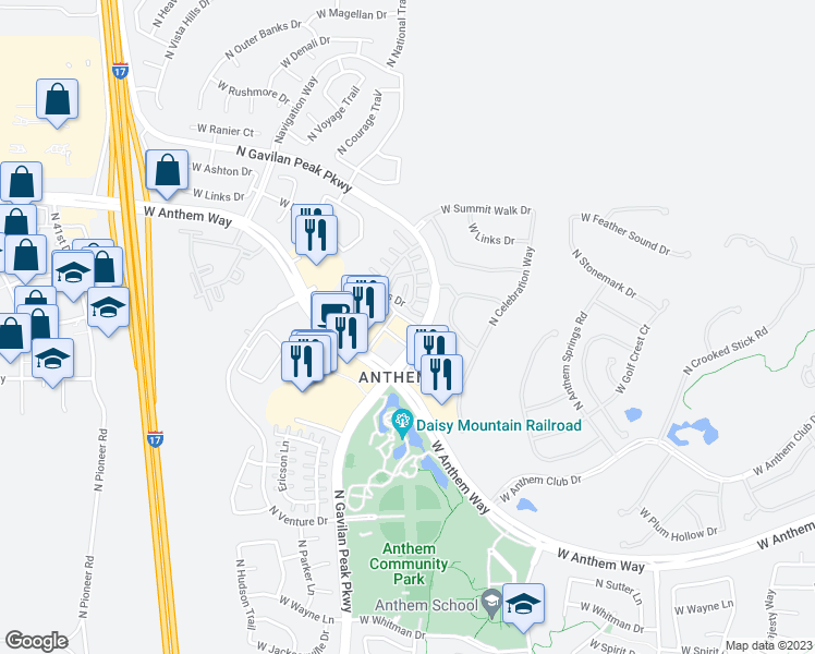 map of restaurants, bars, coffee shops, grocery stores, and more near 3618 West Anthem Way in New River