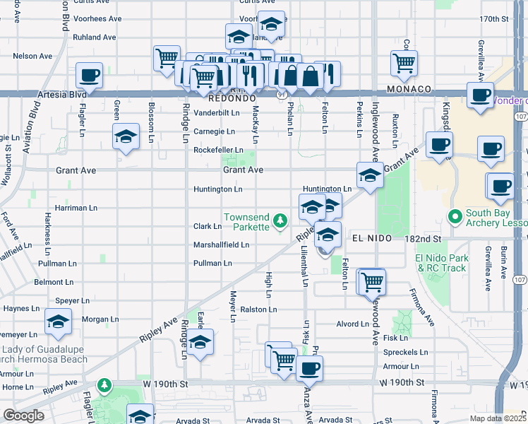 map of restaurants, bars, coffee shops, grocery stores, and more near 2404 Harriman Lane in Redondo Beach