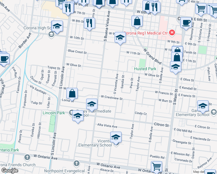 map of restaurants, bars, coffee shops, grocery stores, and more near 844 West Francis Street in Corona