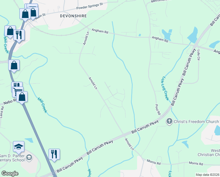 map of restaurants, bars, coffee shops, grocery stores, and more near 22 Mallard Glen Drive in Hiram