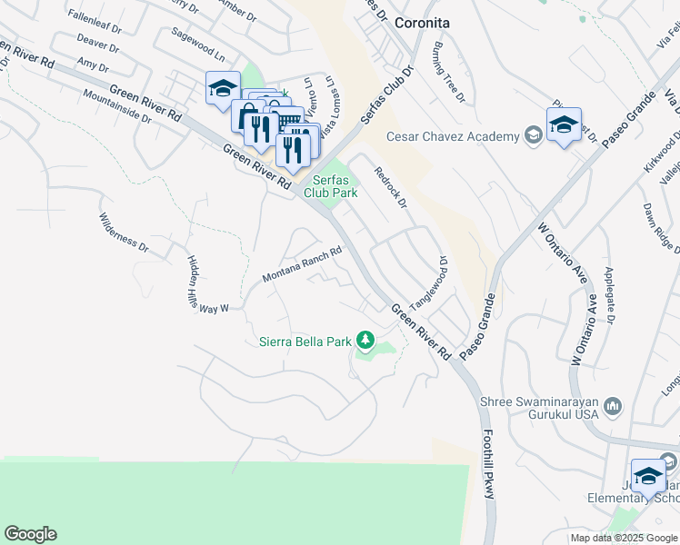 map of restaurants, bars, coffee shops, grocery stores, and more near 2400 Del Mar Way in Corona