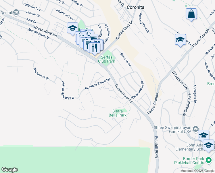 map of restaurants, bars, coffee shops, grocery stores, and more near 2400 Del Mar Way in Corona