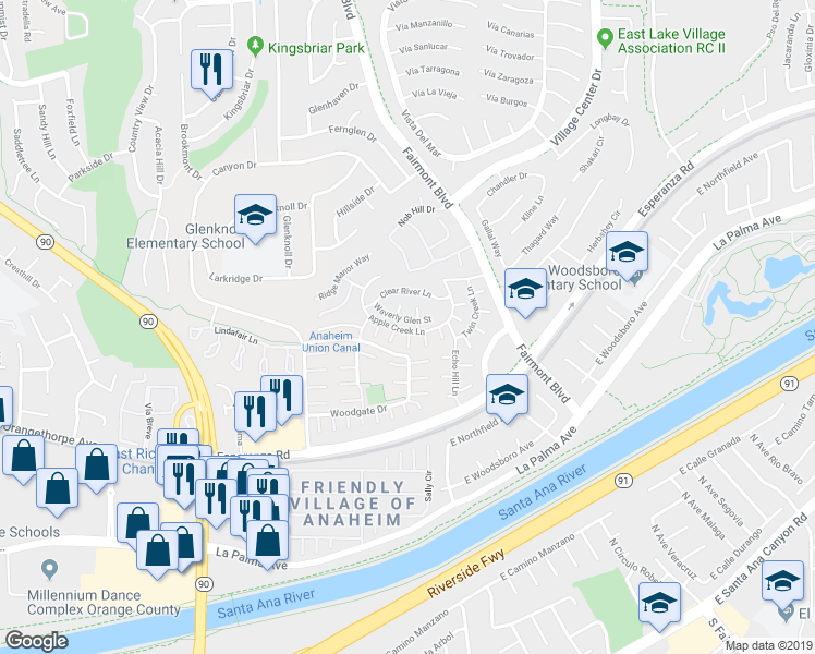 map of restaurants, bars, coffee shops, grocery stores, and more near 20028 Waverly Glen Street in Yorba Linda