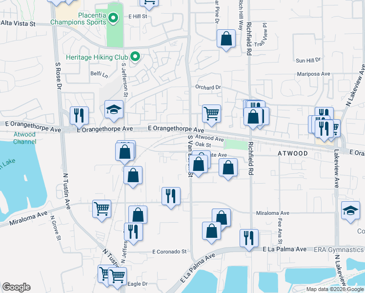 map of restaurants, bars, coffee shops, grocery stores, and more near 443 South Van Buren Street in Placentia