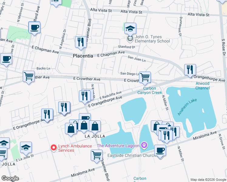 map of restaurants, bars, coffee shops, grocery stores, and more near 1725 North Bedford Circle in Anaheim