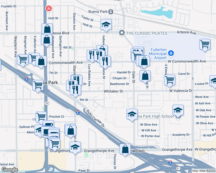 map of restaurants, bars, coffee shops, grocery stores, and more near 8300 Beethoven Drive in Buena Park