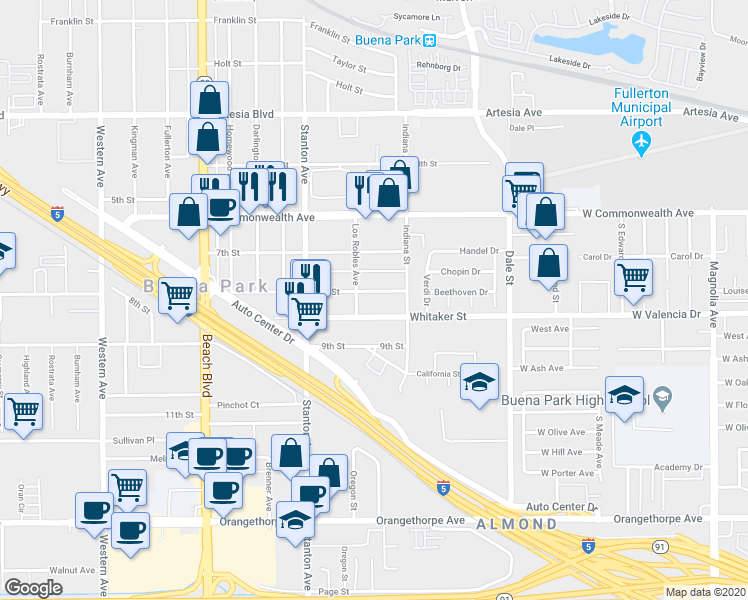 map of restaurants, bars, coffee shops, grocery stores, and more near 6432 Los Robles Avenue in Buena Park