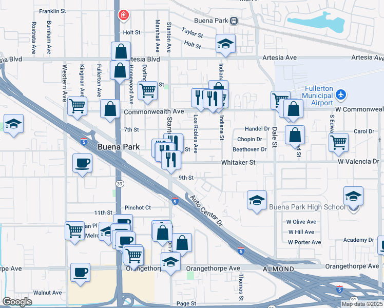map of restaurants, bars, coffee shops, grocery stores, and more near 6432 Los Robles Avenue in Buena Park